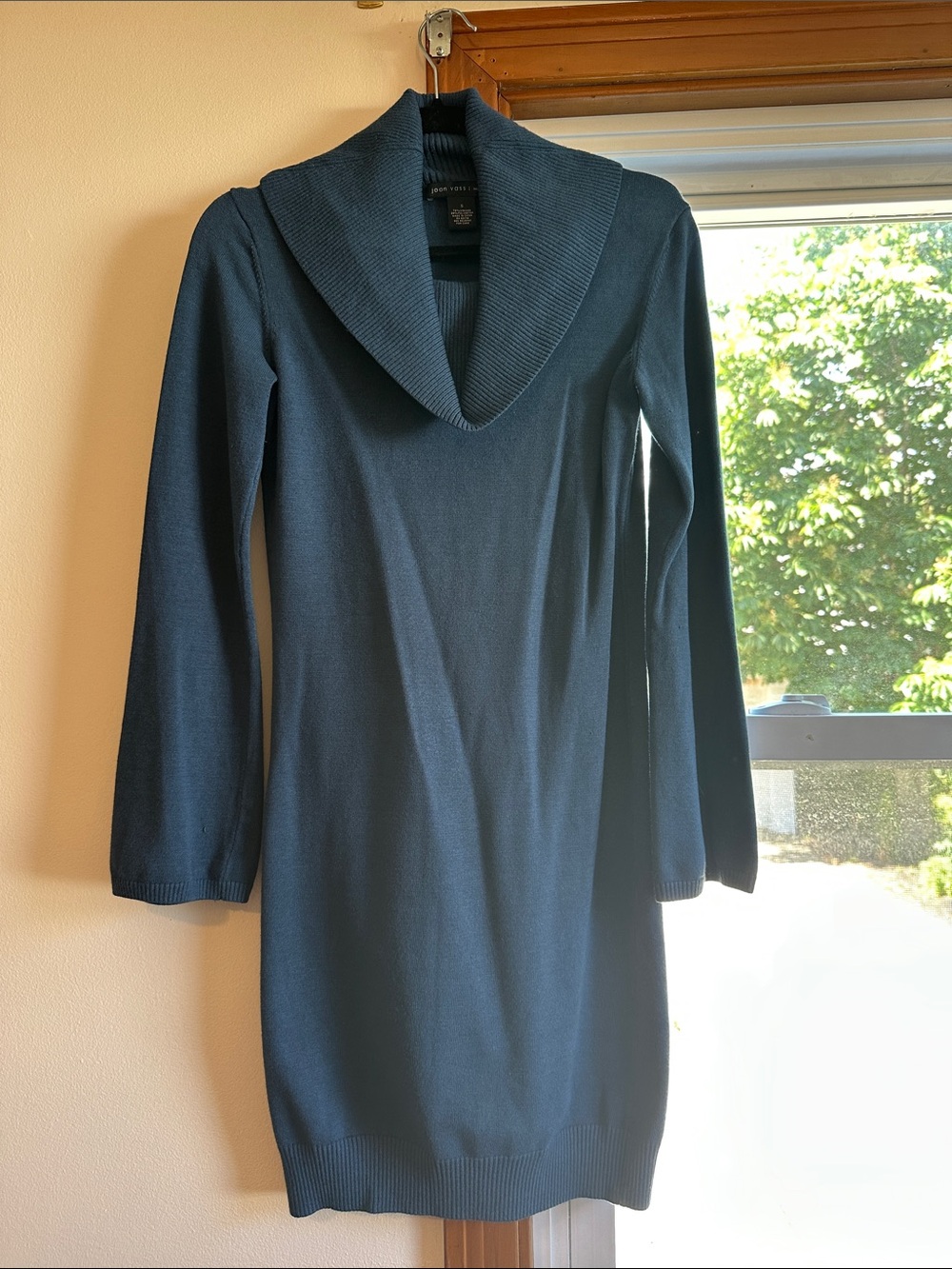 Joan Vass Teal Blue Long-Sleeve Shawl Collar Sweater Dress
